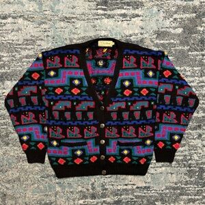 Vintage LL Bean Womens Size M 100% Pure Wool Geometric Aztec Cardigan Sweater